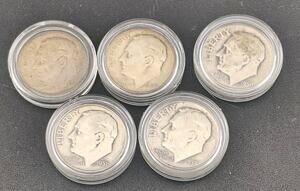 1949-S Semi Key 90% Silver Roosevelt Dime Lot 5 Coins 1949-1958 Vintage US Mint